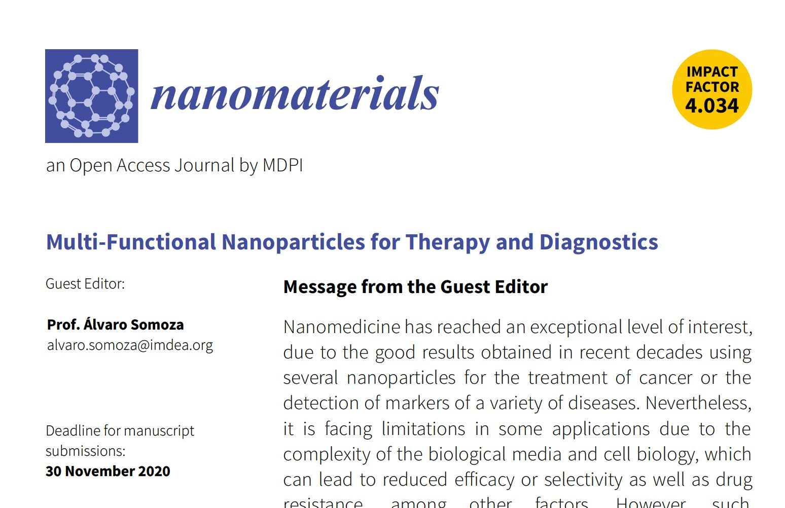 Submit your article! Special Issue “Multi-Functional Nanoparticles for Therapy and Diagnostics” in Nanomaterials Journal
