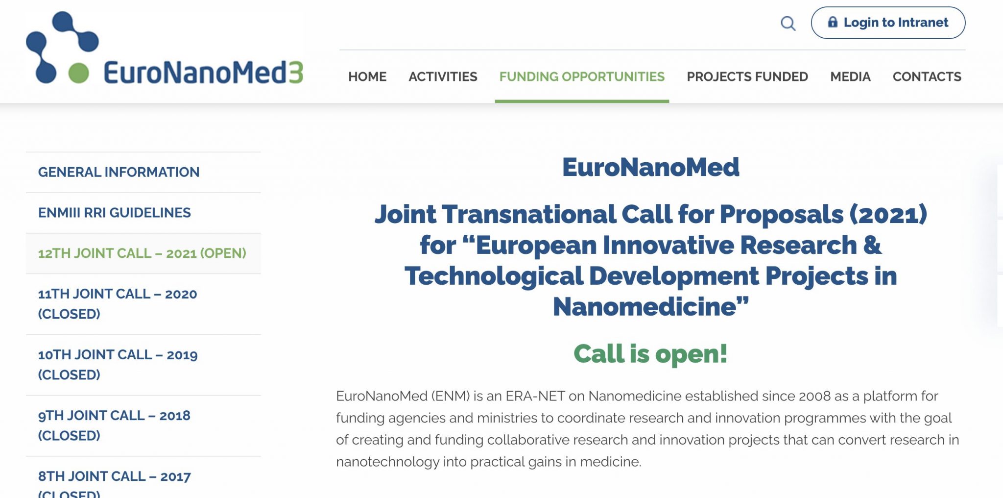 OPEN! EuroNanoMed Joint Transnational Call for Proposals (2021) for “European Innovative Research & Technological Development Projects in Nanomedicine”